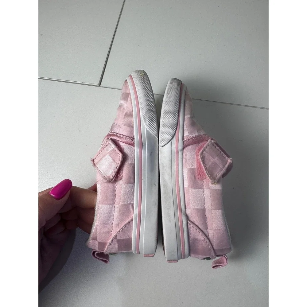 Vans Checkerboard Satin Slip On‎ Shoes Kids 8 Pink Rose Embroidery Hook Loop